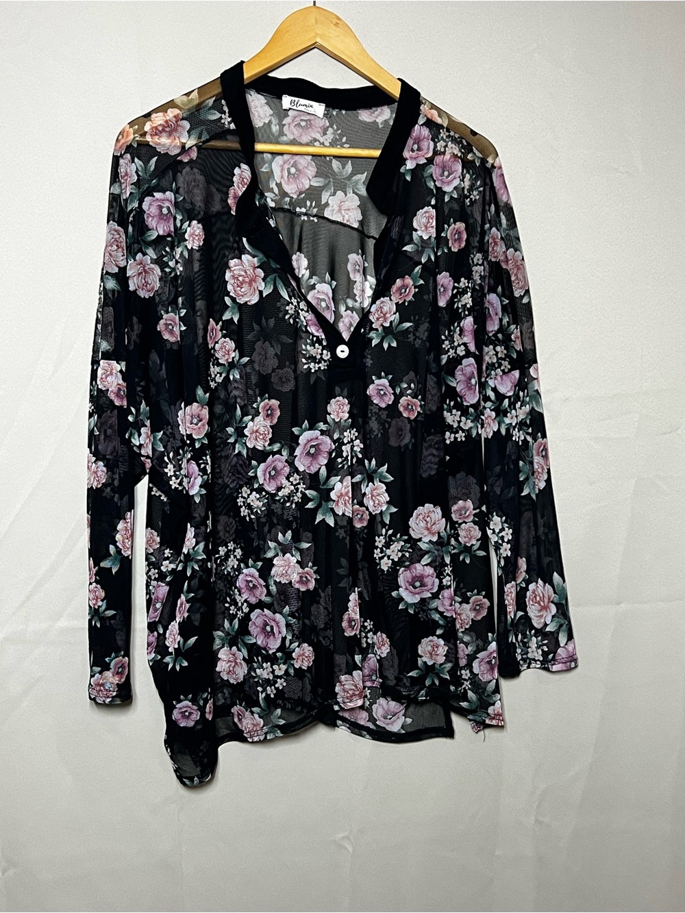 Blumin Apparel S Black Floral Sheer Mesh Button Front Blouse Romantic